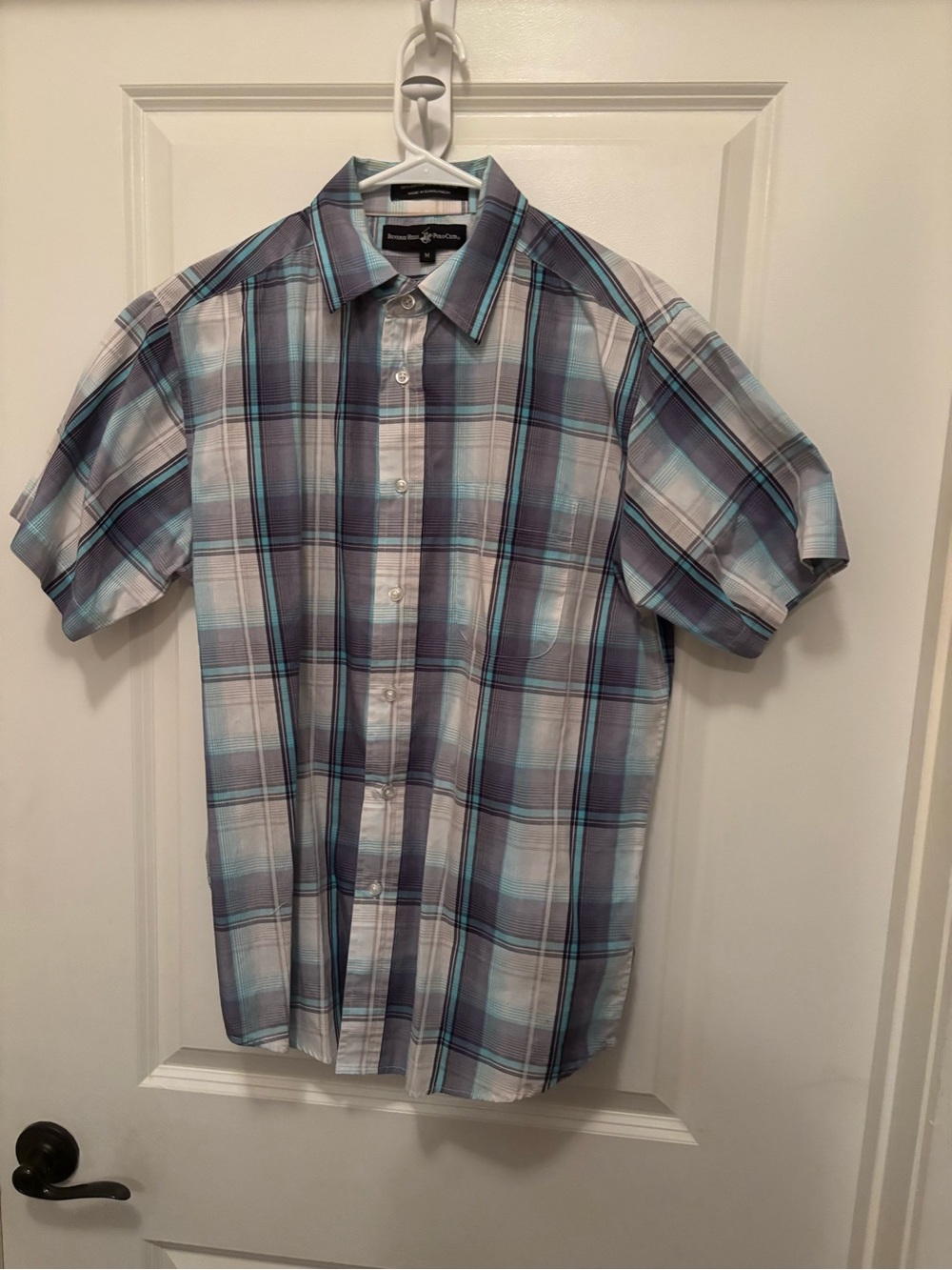 Short-Sleeve Plaid Button-Up Shirt - Blue/Gray